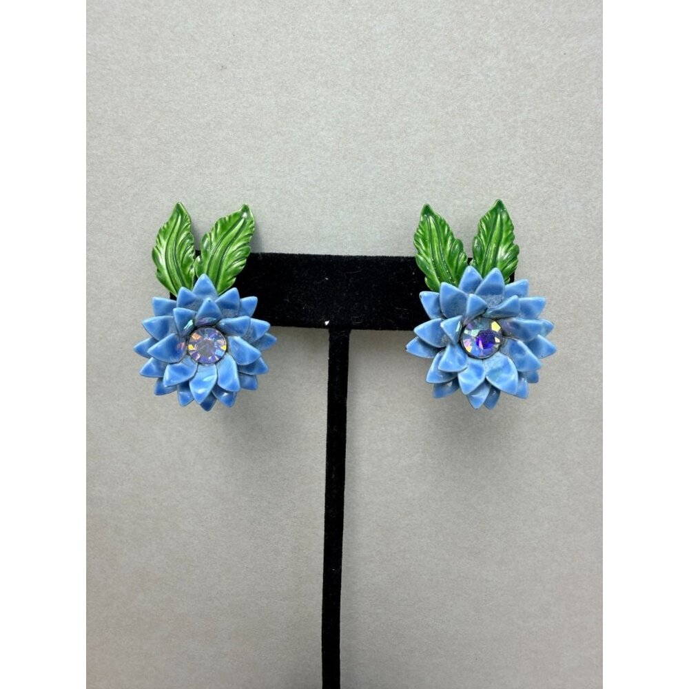 Vintage Enamel Flower Clip On Earrings Articulated Statement Retro